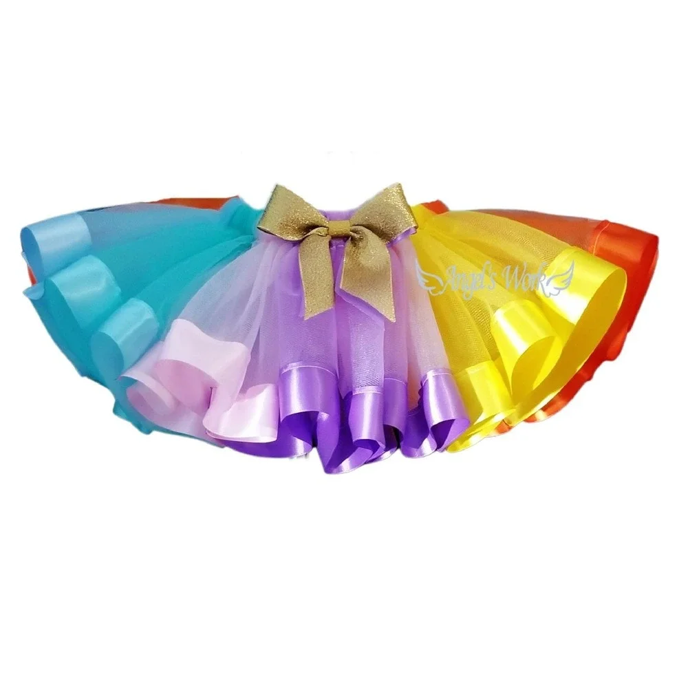 Handmade Pastel Rainbow Tutu Skirt Girls Gold Bow Birthday Photo Prop Dress Up